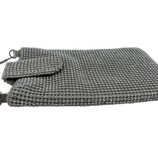 Evening Bag, Disco Purse, Chain Mail, Rhinestone Look, Vintage, Shoulder, or Cross Shoulder, Lined Silver Bag