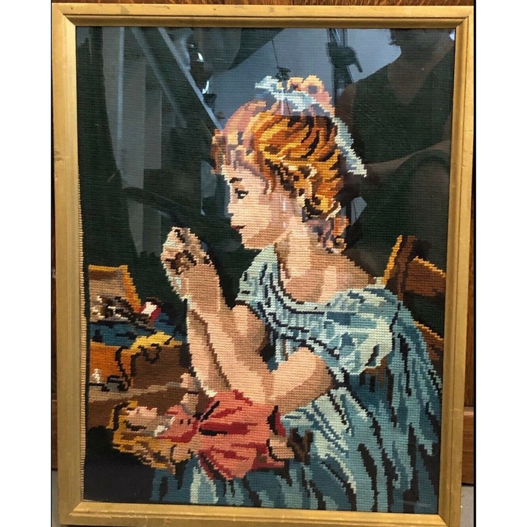 Needlepoint Vtg COLORFUL Young Lady Doing Needlework 15x19