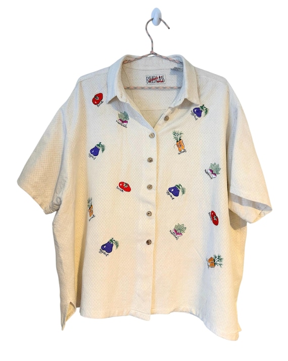 Bill Blass, Bill Blass, 1990s Vegetable, Vintage Embroidered, sports club, short sleeve, 3X, Ladies Pucker Knit Blouse