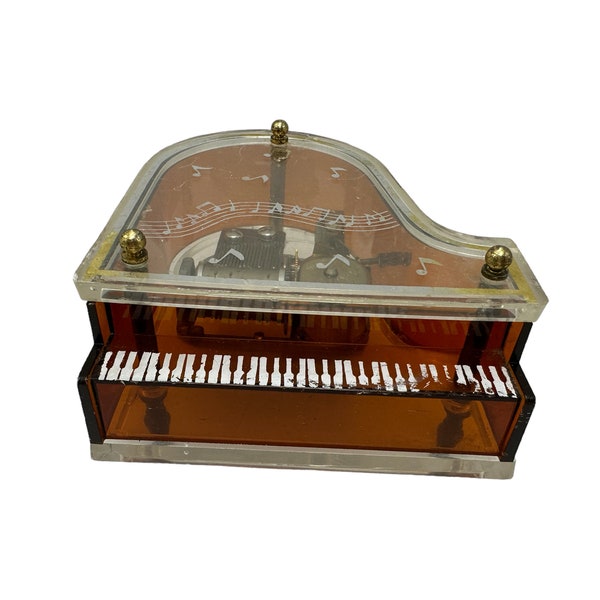 Sanko Piano Music Box, Japan, Amber Lucite, vintage, Plays You Light up My Life