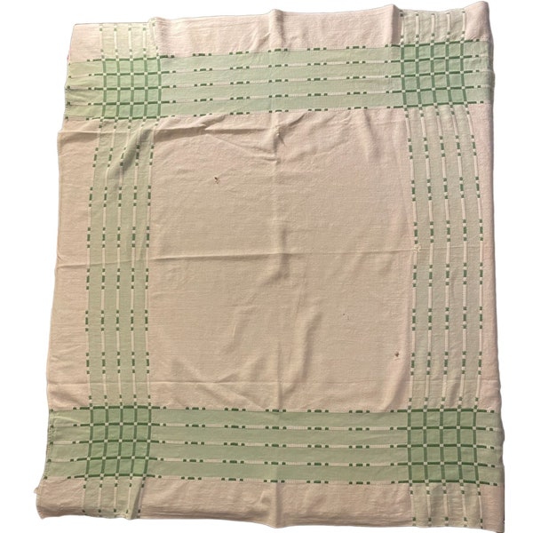 Printed Cotton Tablecloth Plaid, VTG, Green, White,Damaged, Read