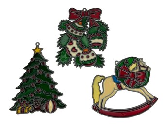 Sun catcher, Stain Glass Christmas Ornaments Trio Rocking Horse Ornaments, Tree Vintage