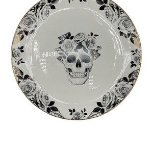 Set of 4, Skull & Roses, dinner plates, 10.75, Eaton Fine Dining, Gold Rimmed, NEW image 1