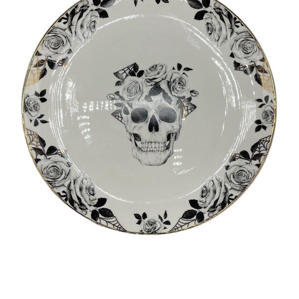 Set of 4, Skull & Roses, dinner plates, 10.75", Eaton Fine Dining, Gold Rimmed, NEW