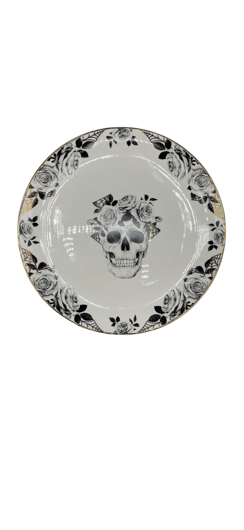 Set of 4, Skull & Roses, dinner plates, 10.75, Eaton Fine Dining, Gold Rimmed, NEW image 1