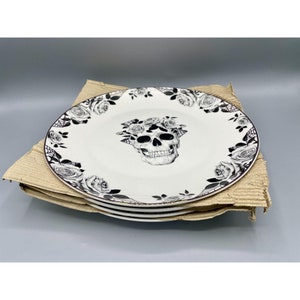 Set of 4, Skull & Roses, dinner plates, 10.75, Eaton Fine Dining, Gold Rimmed, NEW image 4