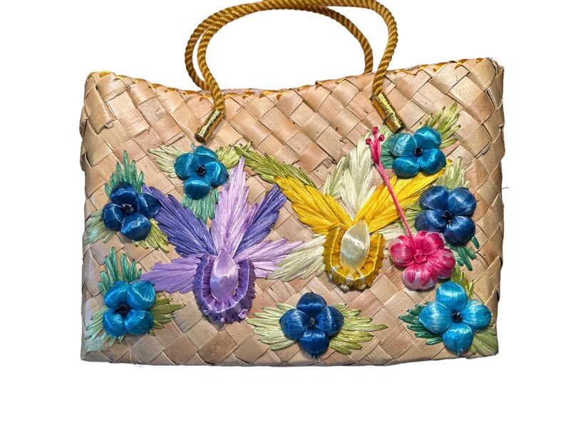 Vintage Raffia Floral and Woven Straw Bag, Summer, Beach, Basket Tote ...
