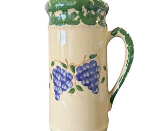 Alpine Pottery Roseville OH 1999 Tall Large 42oz Pitcher with Basket of Grapes 8.25x5" Cream, Green, Purple