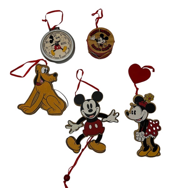 Kurt Adler Vintage Disney Wood Pull String Mickey Mouse PuppeT, Walt Disney, Minnie, Pluto, Mickey Mouse Club, Clock, collection of 6 pieces