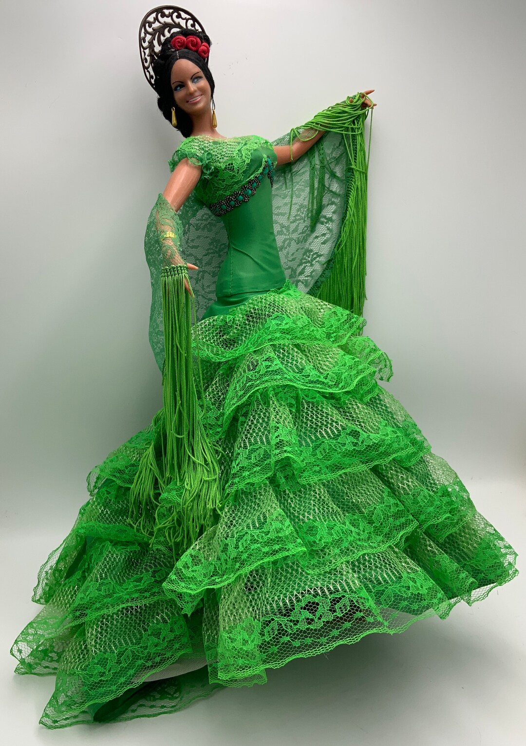 Flamenco Dancing Doll Fringe Lace Green Satin 18 Inch Vintage Etsy