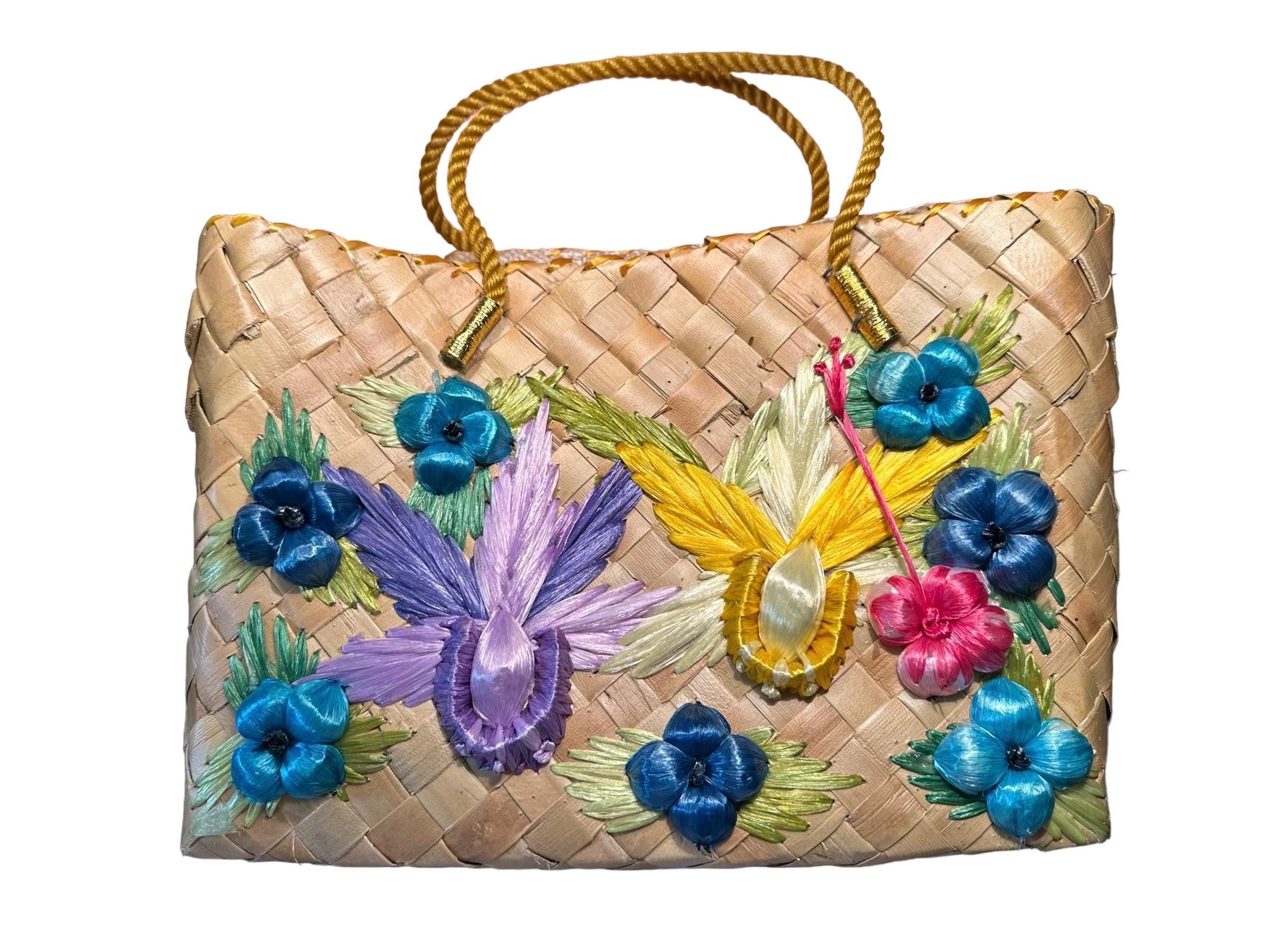 Vintage Raffia Floral and Woven Straw Bag, Summer, Beach, Basket Tote ...