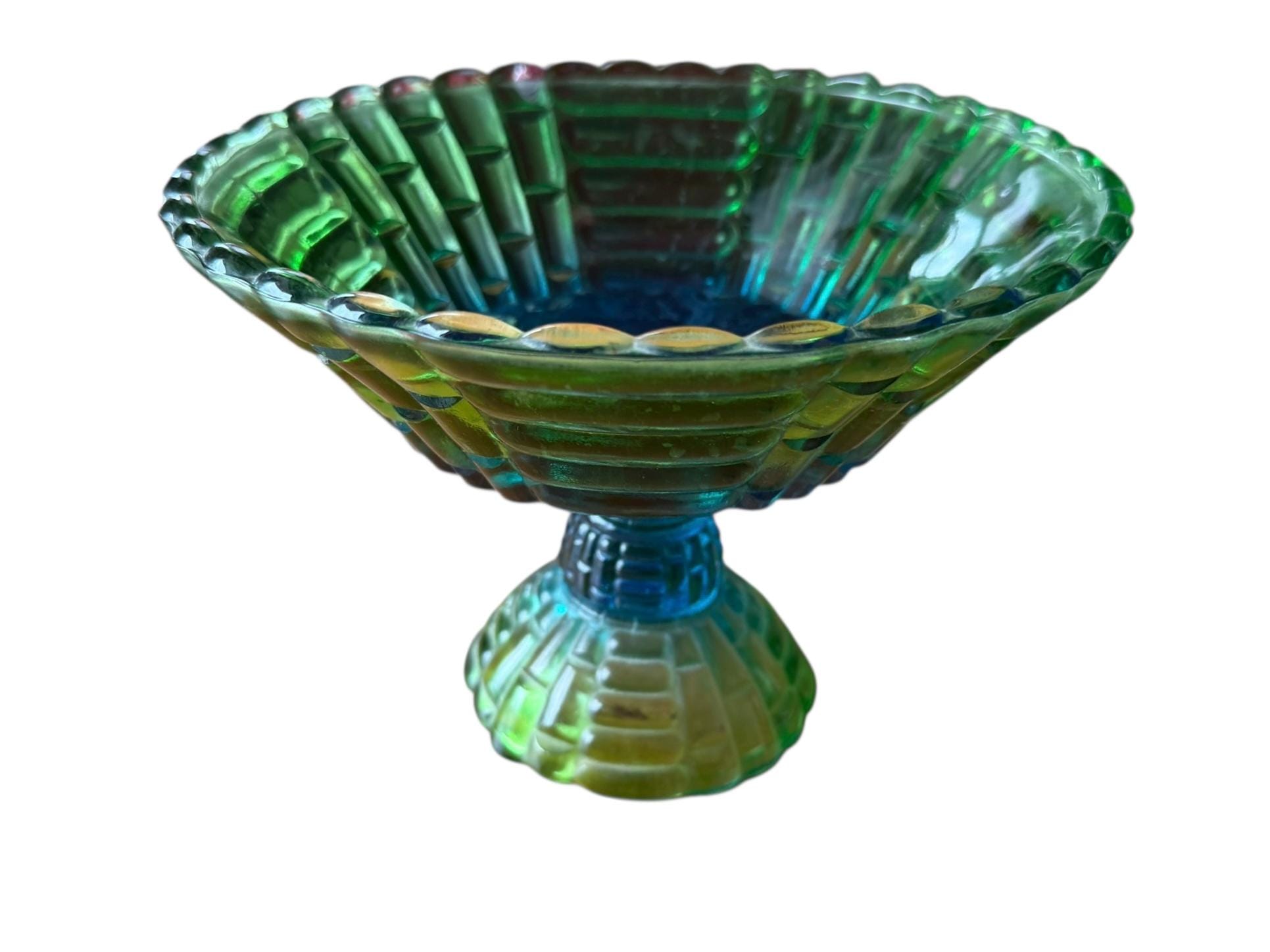 Vintage Jeanette Glass, Flash Blue Green ,pedestal Candy Dish