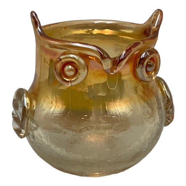 1970s Silvestri Italy Crackled Iridescent Glass Owl Bud Vase