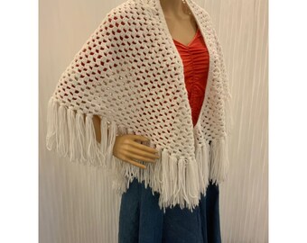 White Crocheted Knit Shawl, VIntage, Wool, Ladies Poncho Tassel Fringe