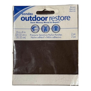 May include: A package of two brown Bondex Outdoor Restore pressure sensitive nylon patches. The packaging displays the text 8 in x 8 in (20.32 cm x 20.32 cm) and features icons of a tent, a backpack, and a jacket for repair and maintenance.