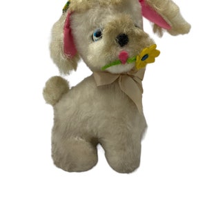 Vintage Poodle Plushy Pink Ears White, Puppy, Dog ,Flower in Mouth and Stocking Cap 12inch Rock a bye Baby wind up