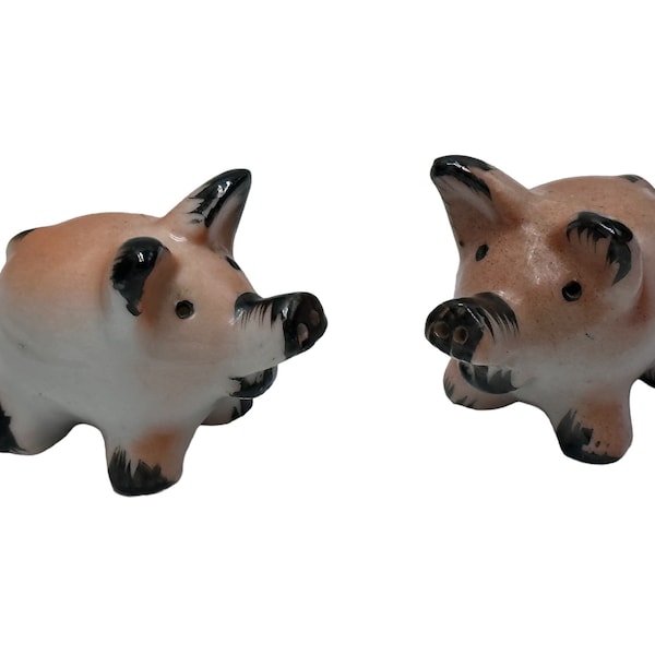 Little Pig Piggy Ceramic Salt and Pepper w corks, Japan, 2.5", Vintage