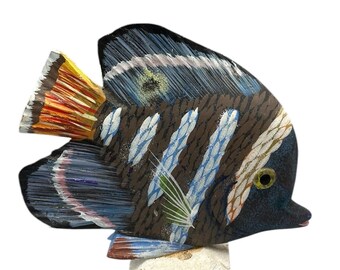 Hand Carved,hand Painted Wooden Tropical Fish on Coral Base