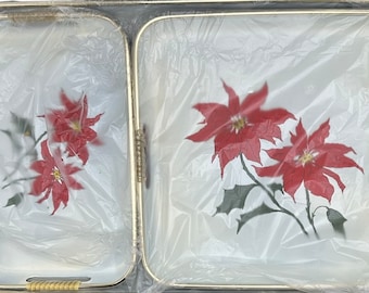 Saltare, Vintage, 3 piece Lacquerware Tray Set, poinsettias, Banlon Wrapped Handles, enameled wood set of 3 Trays