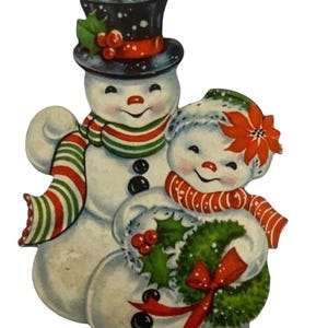 Casal de bonecos de neve vintage recortados, bonecos de neve, decoração de Natal, papelão grosso de 5 polegadas