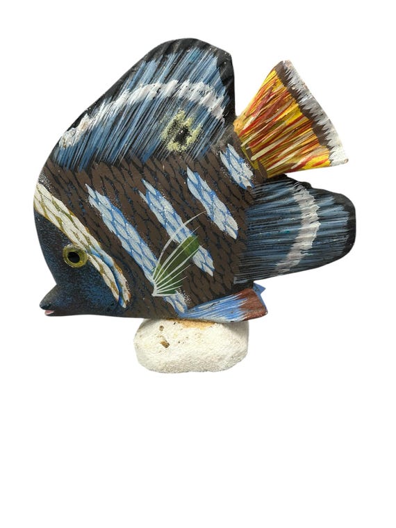 レナンドカフ YOURFACE 60's Tropical Fish Hand Carved,hand Painted Wooden Tropical Fish on Coral Base