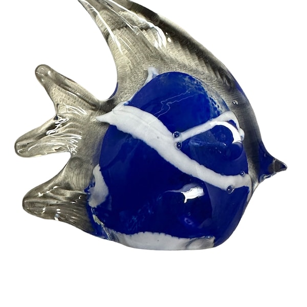 Art Handblown Glass Angel Fish Blue & White Striped Figurine Paperweight 4.5"