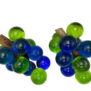 Vtg Green, Blue ,Giant ,Glass Grapes,Pair