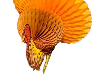 May include: A decorative paper turkey in shades of orange, yellow, and brown. The turkey has a large, fanned tail and a detailed body, perfect for Thanksgiving or fall decor.