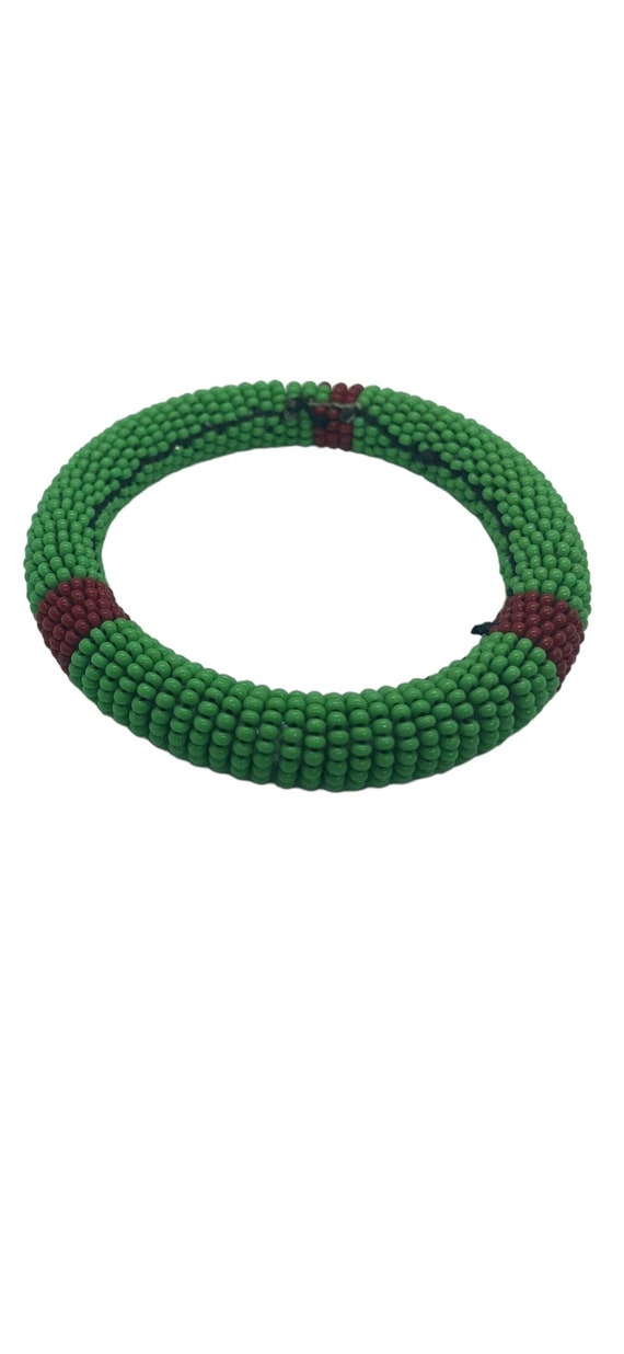 Vintage Green and Red Seed bead Bangle Bracelet