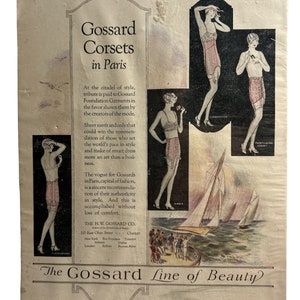 Corsés Gossard en París, reseña pictórica de la línea de belleza, lámina de moda antigua, 1926, antiguo, 13,5 x 10,25 pulgadas, póster