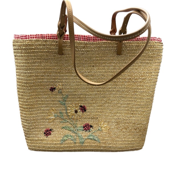 Cappelli Straworld Straw Handbag Purse TOTE, LADYBUGS, Flowers,  23 X 15” Tote Shopper Traveller, Bag Large,
