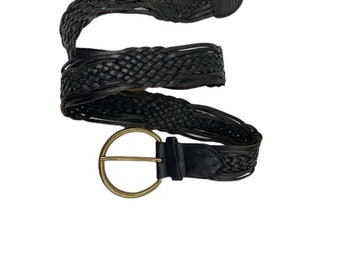 Braided Black Belt Brass Buckle Leather VINTAGE OS