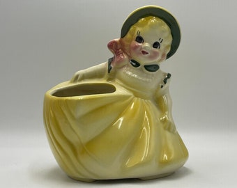 Vintage Ceramic Planter, Vase, hand Painted Girl w Bonnet Yellow