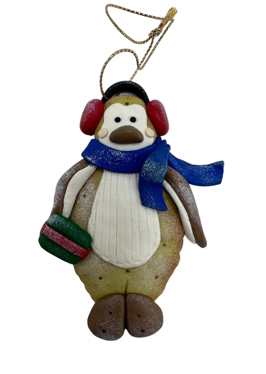 Christmas Penguin With Gift, Scarf, Ear Muffs, Bread Dough Ornament Etsy