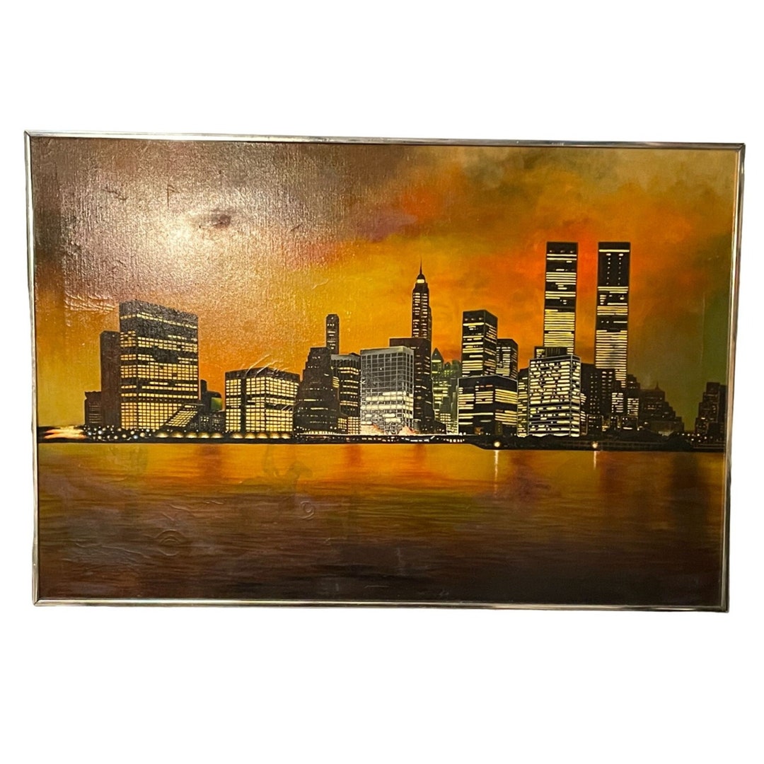 Twin Towers New York Skyline Sunset Painting Signed T Wales 1970s Etsy