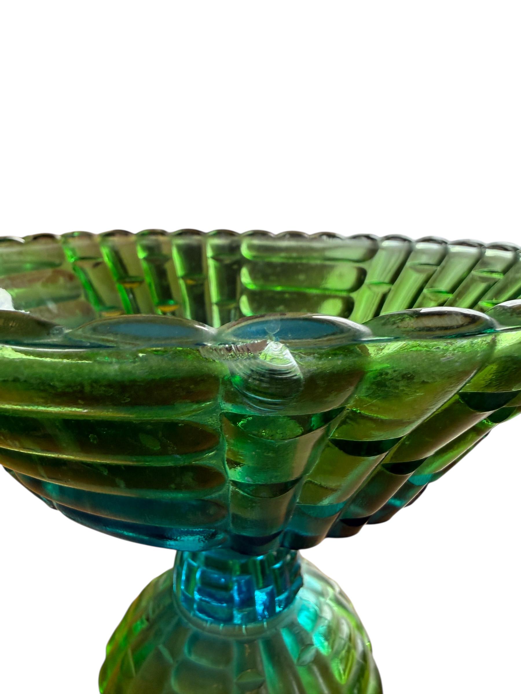 Vintage Jeanette Glass, Flash Blue Green ,pedestal Candy Dish