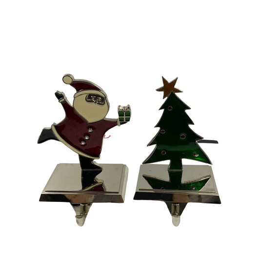 New Mantle Stocking Hooks Set Chrome Enamel Santa Christmas Old