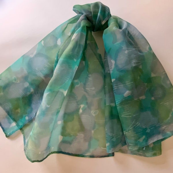 Silk Chiffon Ladies Neck Scarves Vintage 1950s BLUE GREEN Water Color