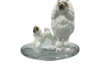 Poodle, Mother and puppy standard white poodles, porcelain, 2" and 1.5", miniatures