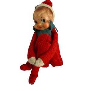 Große Vintage Elfe, Knie umarmend, rot, Weihnachtsdeko, Samt, Strickstrümpfe, Japan