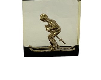 Gold Ski Figure in Resin Lucite, 2 inch Vintage