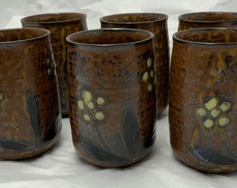 VINTAGE SET OF 6 Redware Juice Glasses, hand painted, drip glaze