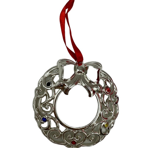 Lenox Color Sparkle Crystal and Scroll Silverplate Wreath Ornament in Original Box Christmas Ornament