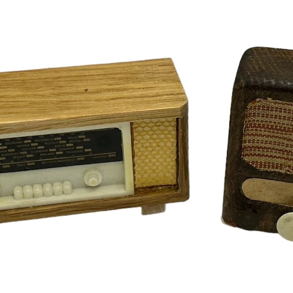 Vintage OUDE TIJD radio's, korte golf en buisstijl, poppenhuisminiaturen, houten