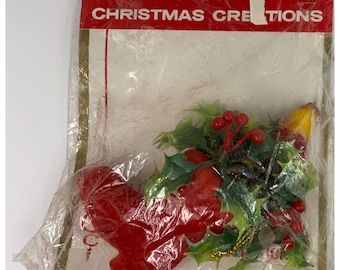 Plastic Santa Boot Ornament, Vintage Christmas Ornament Holiday Tree, Christmas Decor Holly Bird