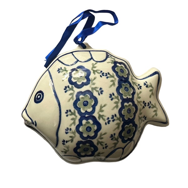 HANDARBEIT Pottery Glazed, Blue, White, Green, Fish, Wall Art, Vintage