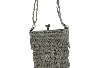 VIntage silver Lame Chainmail and Glass Beads, WALBORO, JAPAN, 1950S  Evening Bag with glass Beaded Chain