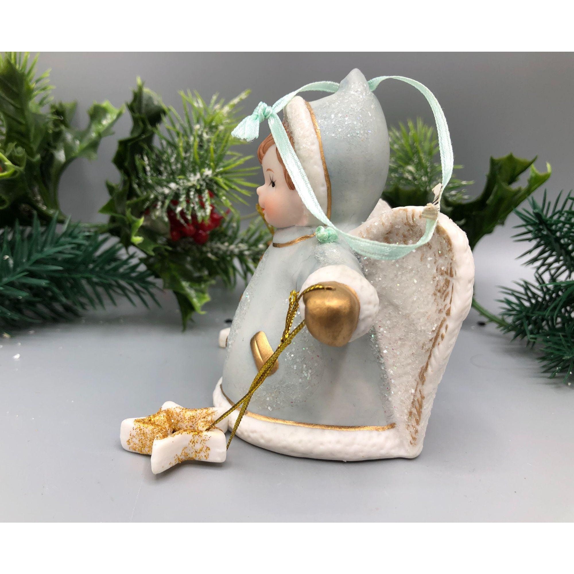 Vintage Angel GIrl Bell Porcelain Christmas Tree Ornament Blue White Gold New