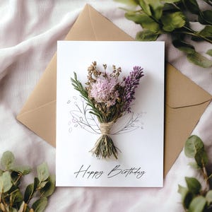 Tarjeta de cumpleaños con flores prensadas reales - Tarjeta de felicitación con flores secas hecha a mano - Papelería botánica única para cumpleaños