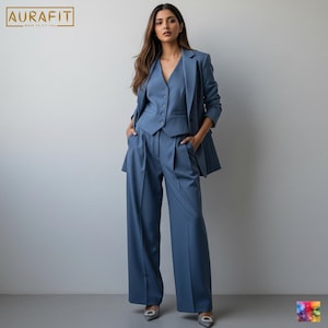 Women&#39;s Slate Blue Wide-Leg Pantsuit | Custom-Tailored | Perfect for Weddings, Cocktails, Prom, Office Wear & Business Meetings